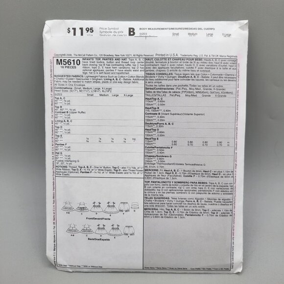 McCalls 5610 Infants Top Panties and Hat Sewing Pattern One Size UNCUT - Picture 2 of 3